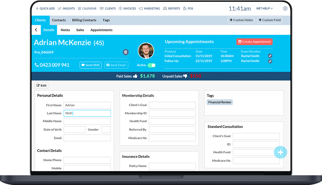 A client profile demo showing Better HQ&#039; client management features, including client appointments &amp; personal details.