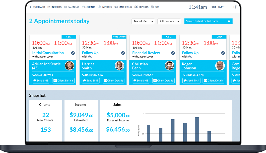 The Better HQ dashboard gives users an overview of their upcoming appointments and a snapshot of their financials.